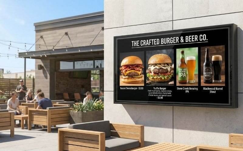 Outdoor digital signage TV enclosure displaying food and beer menu to attract patio customers and increase bar sales