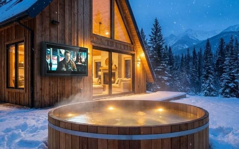 Outdoor TV enclosure for mountain cabins — weatherproof screen protection in snow