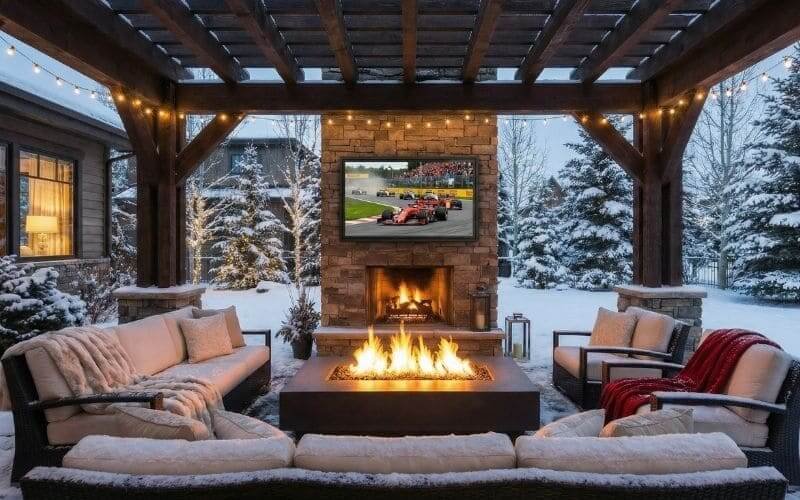 Zewnętrzna obudowa telewizyjna zainstalowana zimą w amerykańskiej willi, patio na podwórku, kominek i zaśnieżona przestrzeń mieszkalna na zewnątrz