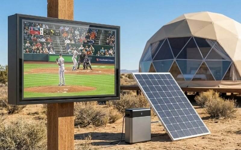 Ulko-TV-kotelo, joka saa virtansa kannettavasta aurinkojärjestelmästä – säänkestävä TV-kaappi syrjäisille autiomaapaikoille