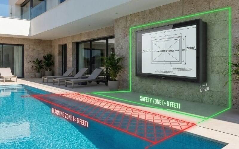 Outdoor tv enclosure safety zone illustration for poolside installation and proper viewing distance