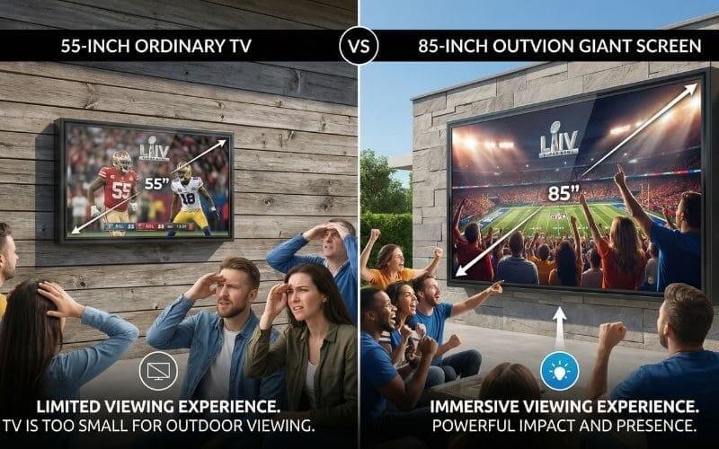 Outdoor TV size comparison showing 55 inch vs 85 inch outdoor TV enclosure for immersive patio and backyard sports viewing experience