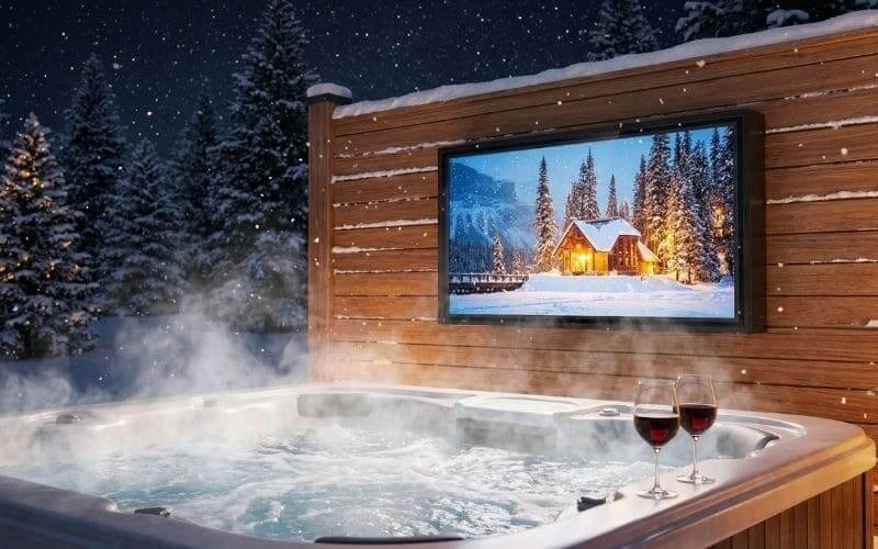 Outvion 85-inch outdoor tv enclosure installed on cedar privacy wall for winter hot tub entertainment
