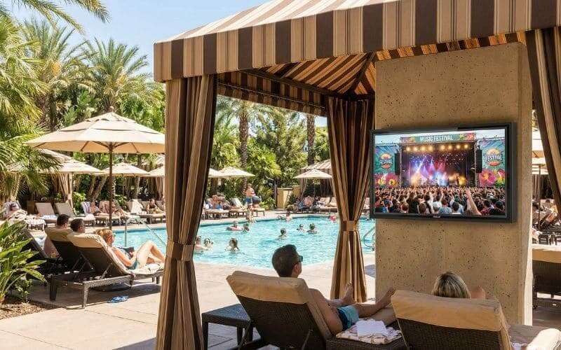 Poolside outdoor TV enclosure at resort cabana