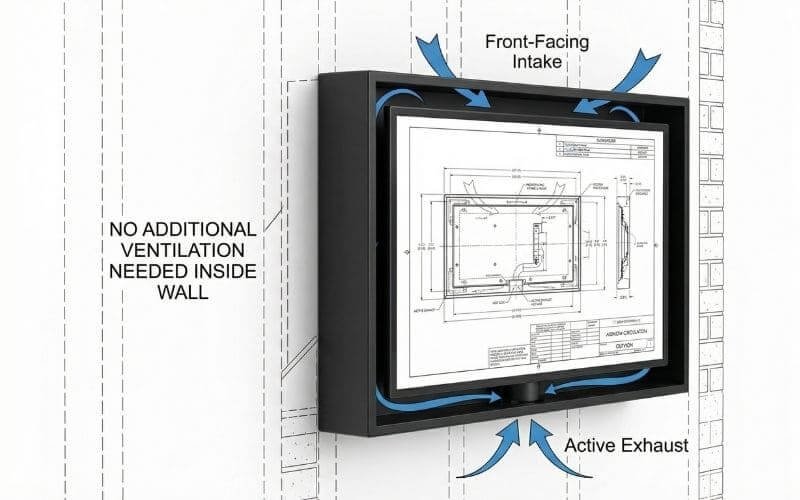 Recessed outdoor TV enclosure airflow diagram showing front intake and active exhaust ventilation system