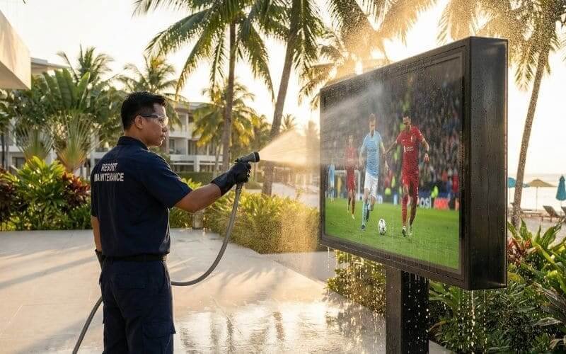 リゾートのメンテナンス スタッフが耐候性の屋外テレビの筐体を水スプレーで洗浄し、簡単に掃除できるようにします。