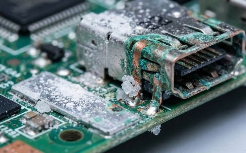Salt-spray corrosion close-up — circuit board connector damaged by marine humidity and corrosion