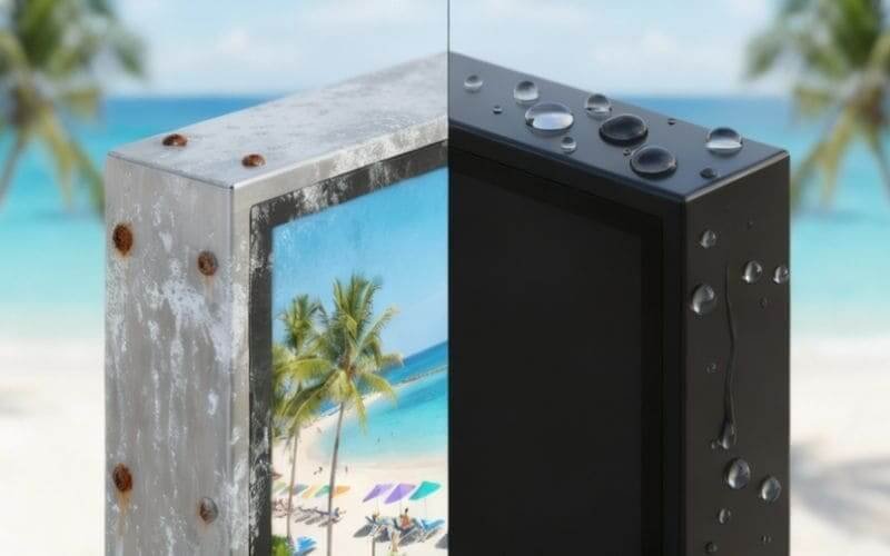 การเปรียบเทียบการกัดกร่อนของสเปรย์เกลือ ตู้ทีวีกลางแจ้งเกรดมารีนกับตู้โลหะขึ้นสนิมในสภาพแวดล้อมชายฝั่ง