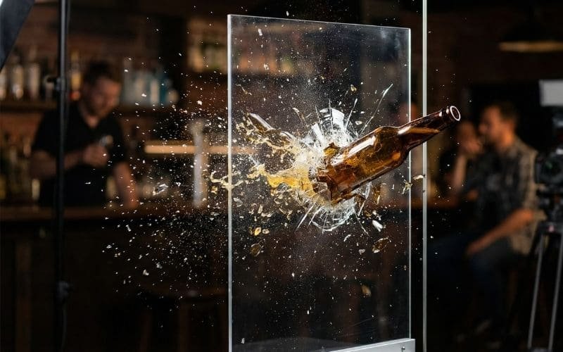 Shatter-resistant outdoor TV enclosure protecting bar displays from impact and accidental damage in busy nightlife environments