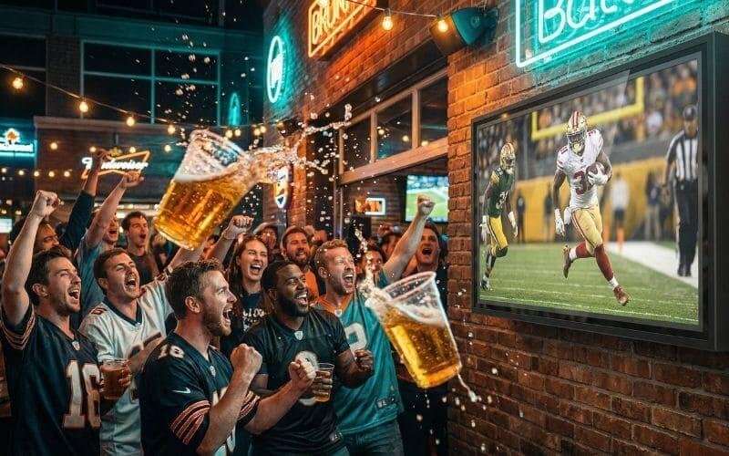 Sports bar crowd celebrating game on outdoor TV enclosure, driving higher patio revenue and customer engagement