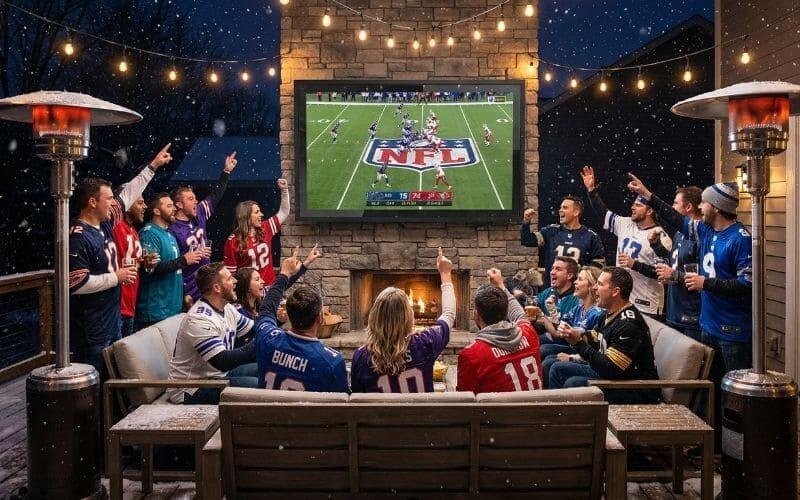 Ultimate backyard Super Bowl party with 85 inch outdoor TV enclosure, large crowd enjoying outdoor sports viewing on the patio
