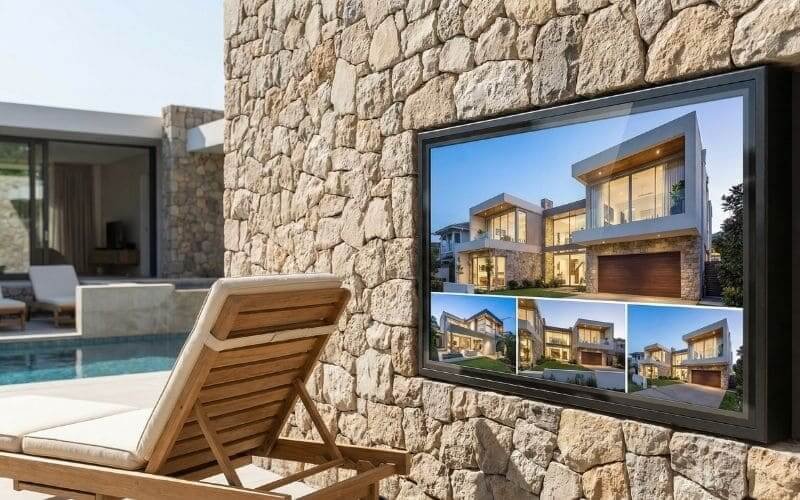 Wall-mounted Outvion outdoor tv enclosure on stone facade for luxury backyard entertainment setup