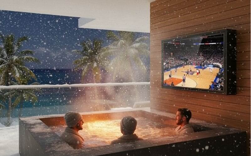 Zimowy wieczór filmowy z wanną z hydromasażem z odporną na warunki atmosferyczne obudową telewizora na zewnątrz, luksusowa konfiguracja na podwórku w nocy ze śniegiem