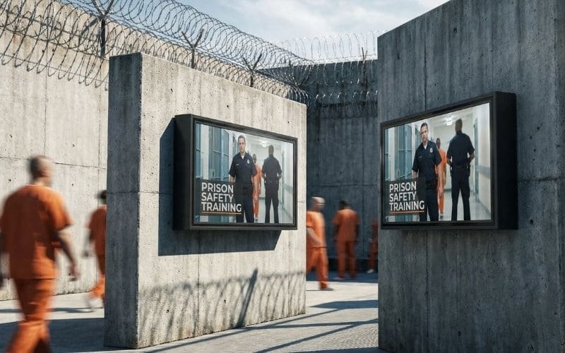 Il cortile di una prigione con due televisori ad alta sicurezza per la formazione sulla sicurezza dei detenuti, installati in ambienti esterni accidentati per prestazioni affidabili