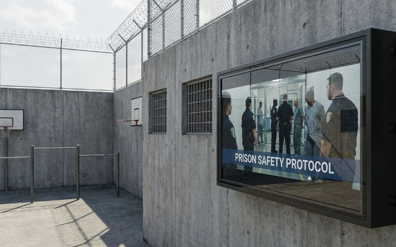 Uma caixa de TV no pátio externo de uma prisão exibindo um vídeo de treinamento de segurança. A tela é protegida contra intempéries e impactos nesta área de alta segurança.