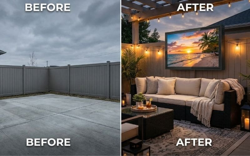 Przed i po inscenizacji patio przydomowego z obudową pod telewizor zwiększającą wartość mieszkalną na świeżym powietrzu