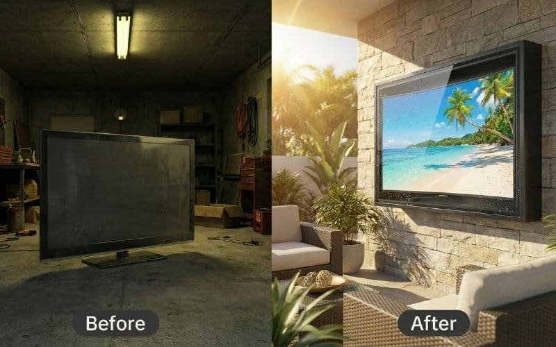 Porównanie starego telewizora przed i po przekształceniu go w telewizor zewnętrzny przy użyciu odpornej na warunki atmosferyczne obudowy telewizora na patio