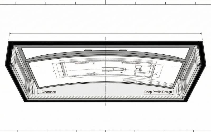 Schemat przekroju zakrzywionej obudowy telewizora przedstawiający konstrukcję głębokiego profilu i wymagany odstęp bezpieczeństwa dla przepływu powietrza