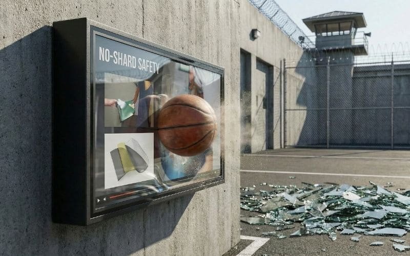 Demonstração da durabilidade de uma blindagem de policarbonato contra impactos, mostrando sua capacidade de suportar cenários de alta pressão sem danos.