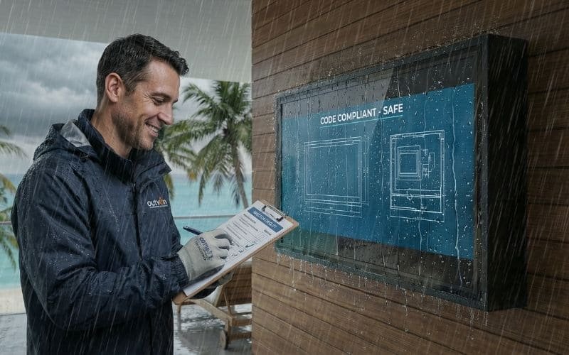 Ispettore domestico che controlla l'installazione conforme al codice di una custodia per TV resistente alle intemperie in condizioni di pioggia