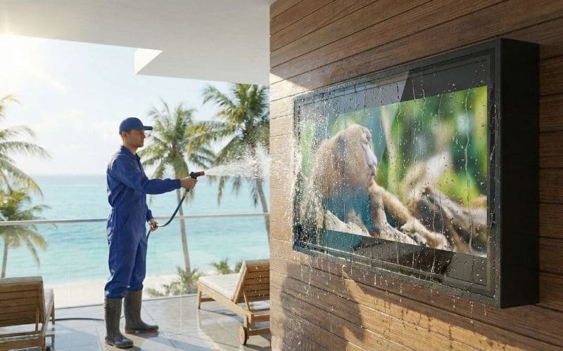 Demonstracja wodoodporności IP65 – czyszczenie węża zewnętrznego obudowy telewizora