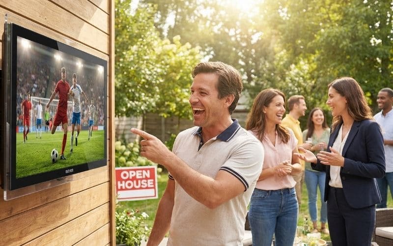 La custodia per TV all'aperto attira gli acquirenti durante una proiezione in un cortile a porte aperte
