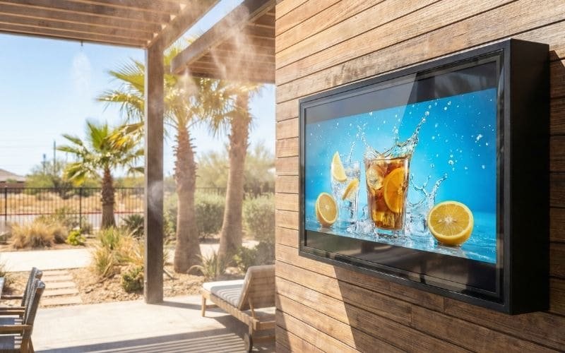Zewnętrzna obudowa telewizora zainstalowana na ścianie tarasu w intensywnym słońcu, odporna na ciepło w gorącym klimacie.