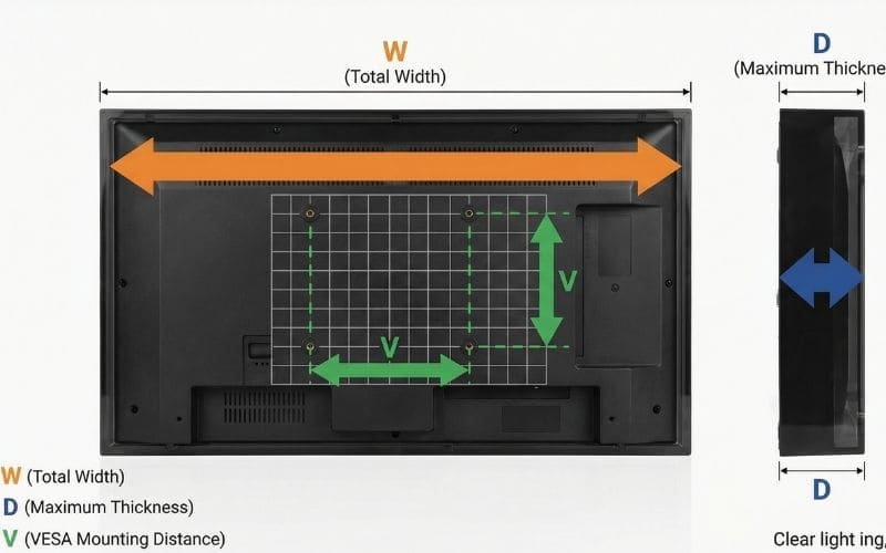 Przewodnik po pomiarach obudów telewizorów zewnętrznych pokazujący odległość VESA, całkowitą szerokość (W) i maksymalną głębokość (D)