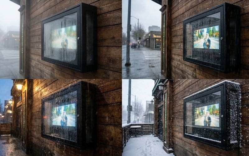 Zewnętrzna obudowa telewizora zamontowana na drewnianej ścianie zewnętrznej w deszczowym patio pubu, zapewnia dobrą widoczność w deszczową pogodę.