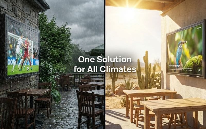 Zewnętrzna obudowa telewizora działająca podczas ulewnego deszczu i ekstremalnego pustynnego upału, jedno rozwiązanie dla wszystkich klimatów.