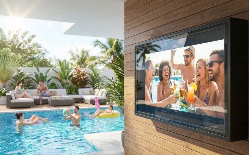 Scena imprezy przy basenie – zewnętrzna obudowa telewizora w luksusowym otoczeniu basenu