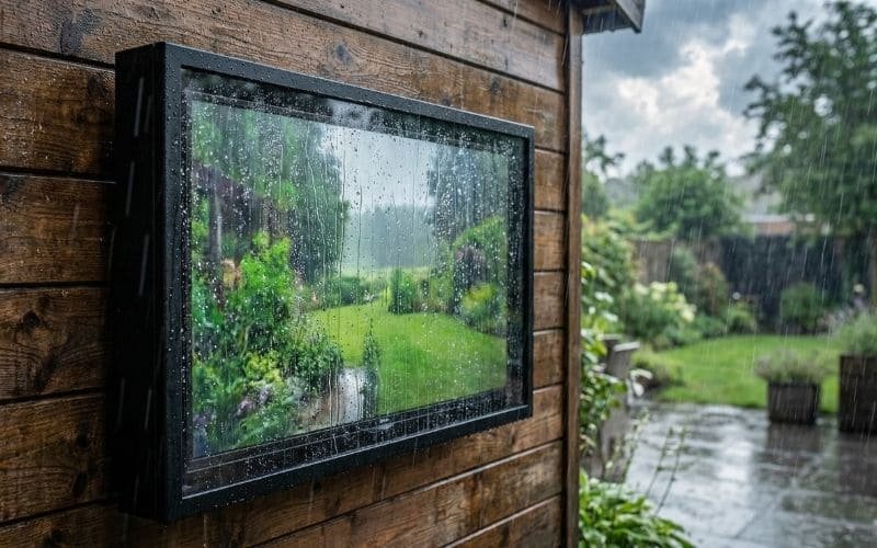 Odporna na warunki atmosferyczne obudowa telewizyjna zewnętrzna zainstalowana na drewnianej ścianie na podwórku