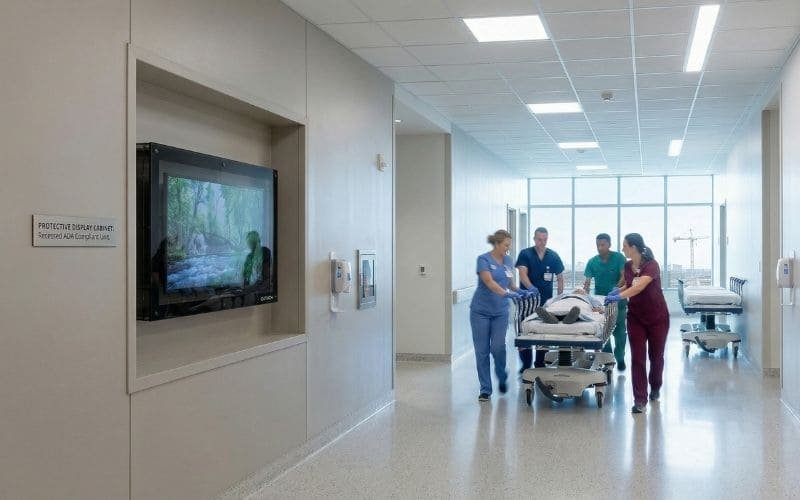 ADA-compliant display enclosure installed in hospital corridor with patient bed clearance