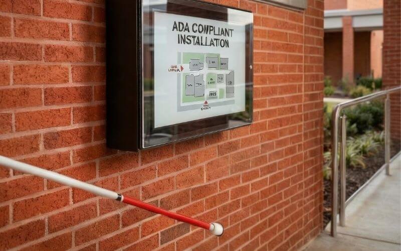 ADA-kompatibelt vægmonteret digitalt skiltekabinet med klar polykarbonatfront i skolens korridor
