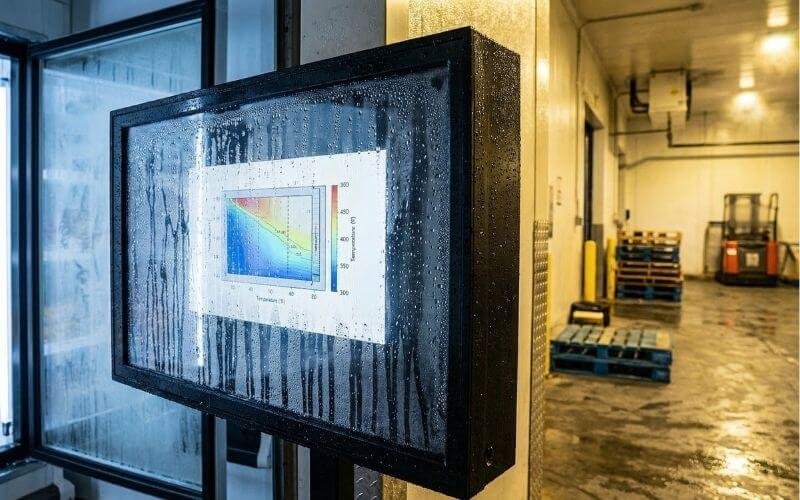 Condensation-resistant digital signage enclosure installed between cold storage and warehouse environments