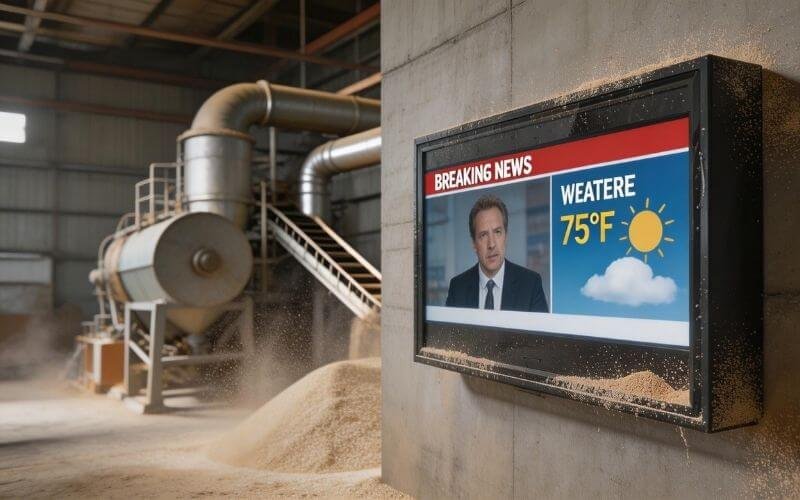 Пыленепроницаемый промышленный корпус для цифровых вывесок, работающий на предприятии по переработке зерна