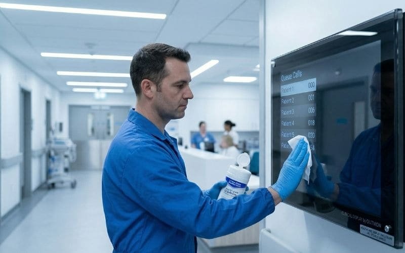 Hospital display enclosure resistant to chemical disinfectants in clinical corridor cleaning