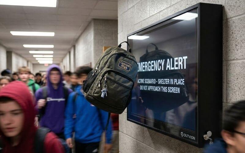 Impact-resistant digital signage enclosure protecting screen from high-traffic school hallway collisions