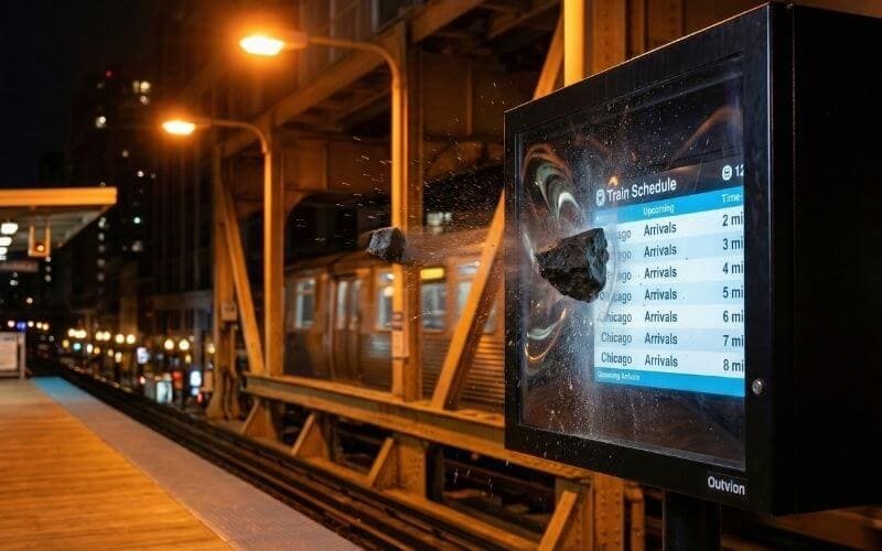 Impact-resistant display enclosure withstanding vandalism test at elevated train platform