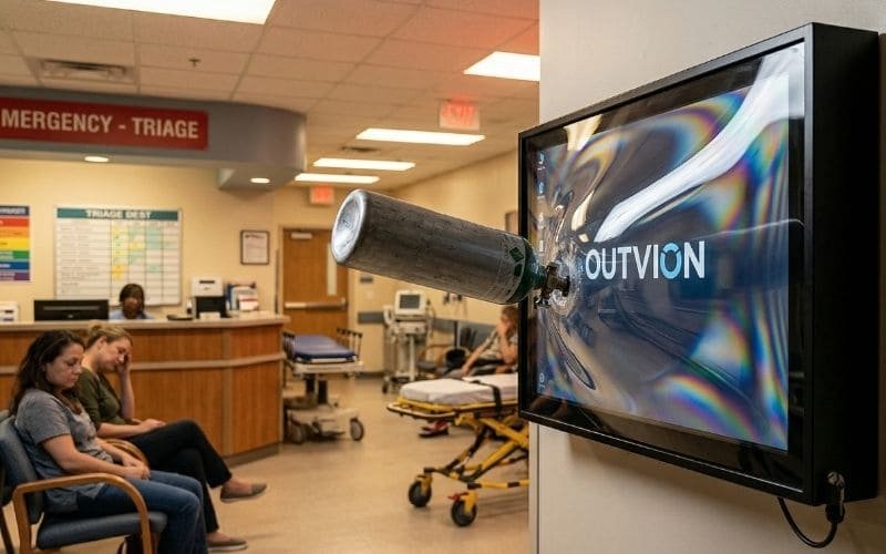 Impact-resistant TV enclosure preventing weaponization in emergency room environment