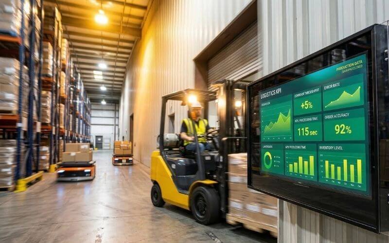 ตู้ป้ายดิจิทัลทางอุตสาหกรรมที่ใช้ในการปฏิบัติงานคลังสินค้าพร้อมรถยกและแดชบอร์ด KPI แบบเรียลไทม์