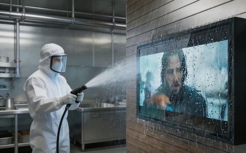 Wodoodporna obudowa Digital Signage IP65 zmywana podczas odkażania w zakładzie przetwórstwa spożywczego