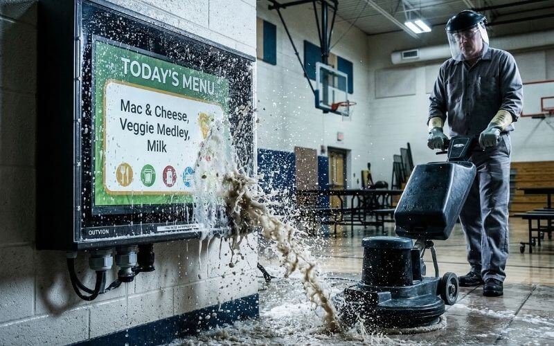 IP65 vandtæt digital skiltekabinet tåler gulvrengøring og afvaskning i skolens cafeteria