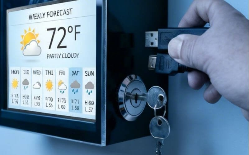 Låsbart digitalt skiltekabinet med sikrede porte, der forhindrer uautoriseret USB-adgang og manipulation