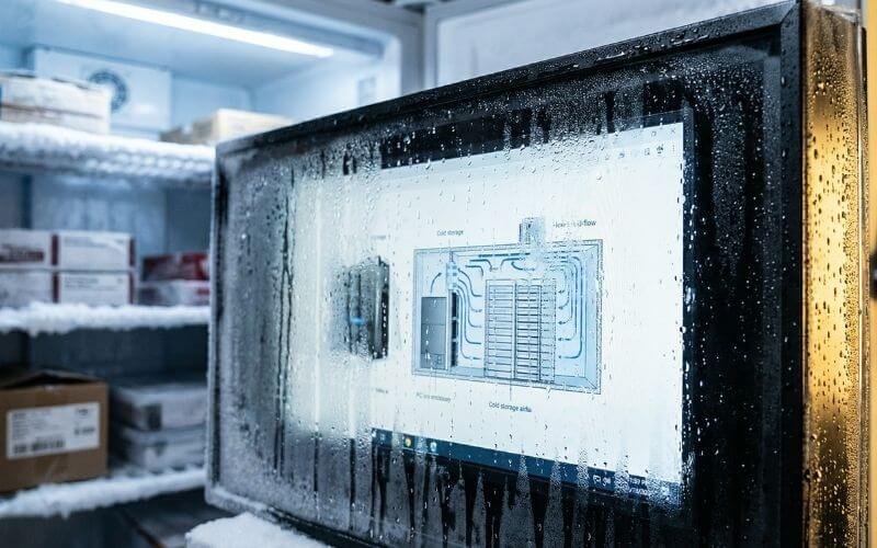 ตู้ป้ายดิจิทัลกลางแจ้งที่ทำงานในห้องเย็นพร้อมระบบป้องกันการควบแน่นจากความชื้น