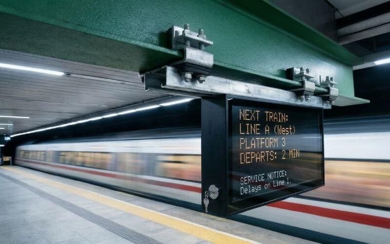 Vibration-resistant display enclosure mounted on steel beam in railway station infrastructure