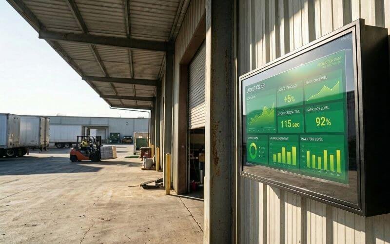 ป้ายดิจิตอลที่ทนทานต่อสภาพอากาศซึ่งแสดง KPI ลอจิสติกส์ที่ท่าขนสินค้าในคลังสินค้า