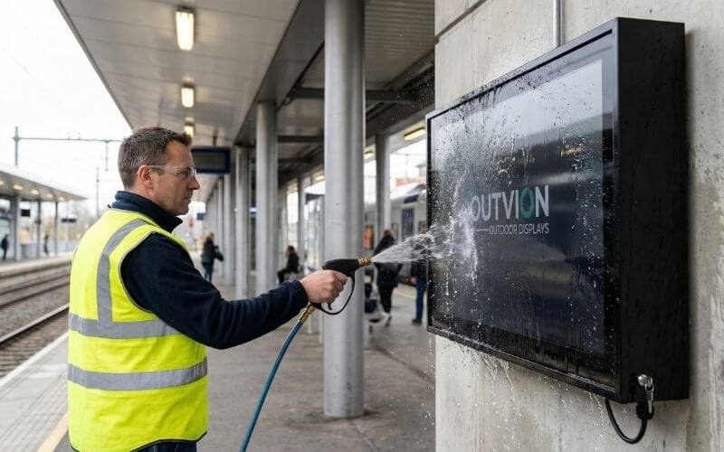 Weatherproof display enclosure resisting wind-tunnel effect and high-pressure wash at train station platform