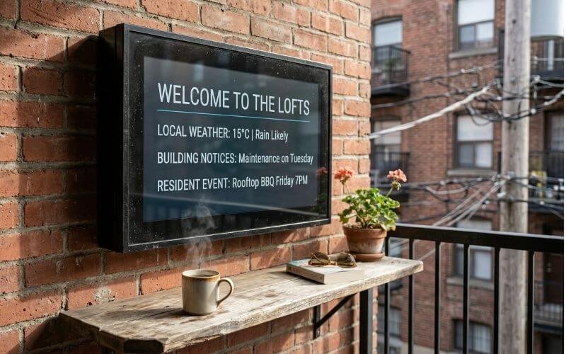 28-32 inch outdoor TV enclosure installed on apartment balcony for digital signage display