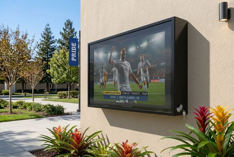 A TV enclosure installed on a brick wall in a school courtyard